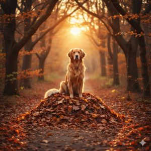 A golden Retriever sat on top of a pile of fallen leaves