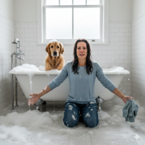 A dog in the bath at home. Showing the difficulty of bathing a dog at home